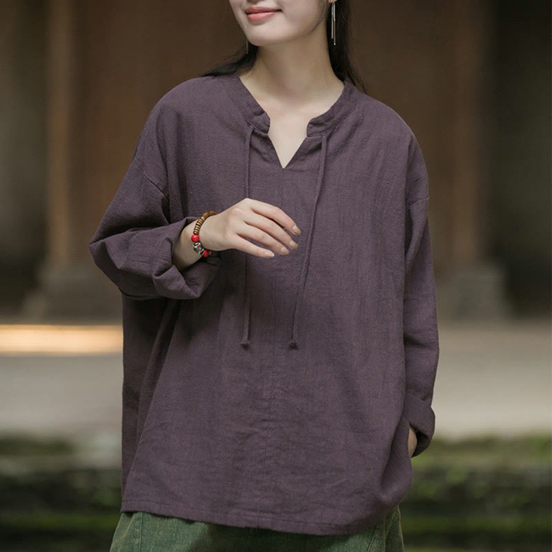 Retro Solid Color Long Sleeve Ramie Linen Women's Shirt