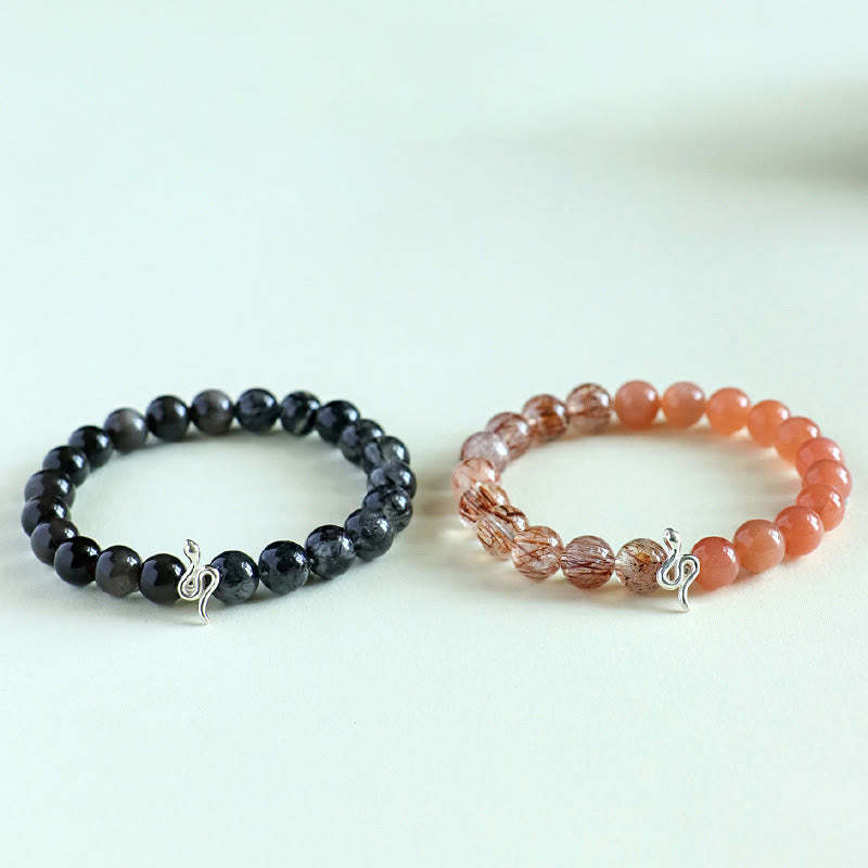 Natural Sun Stone Super Seven Crystal Silver Sheen Obsidian Rutilated Quartz 925 Sterling Silver Year Of The Snake Positive Bracelet