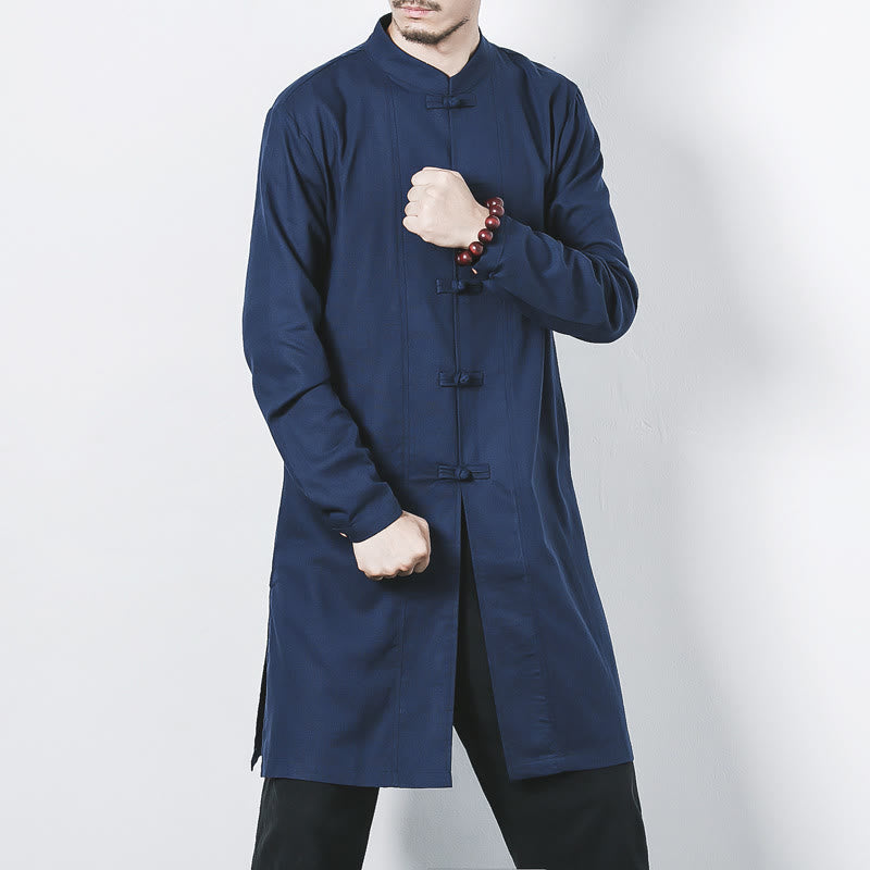 Fall Simple Frog-Button Linen Men's Mid-length Coat Zen Clothing