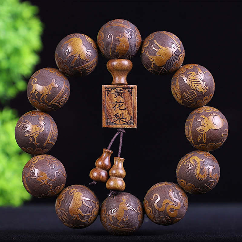 Chinese Zodiac Rosewood Ebony Boxwood Copper Coin PiXiu Carved Warmth Bracelet