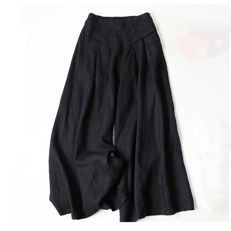 Plain Color Cotton Linen High Waist Wide Leg Pants With Pockets