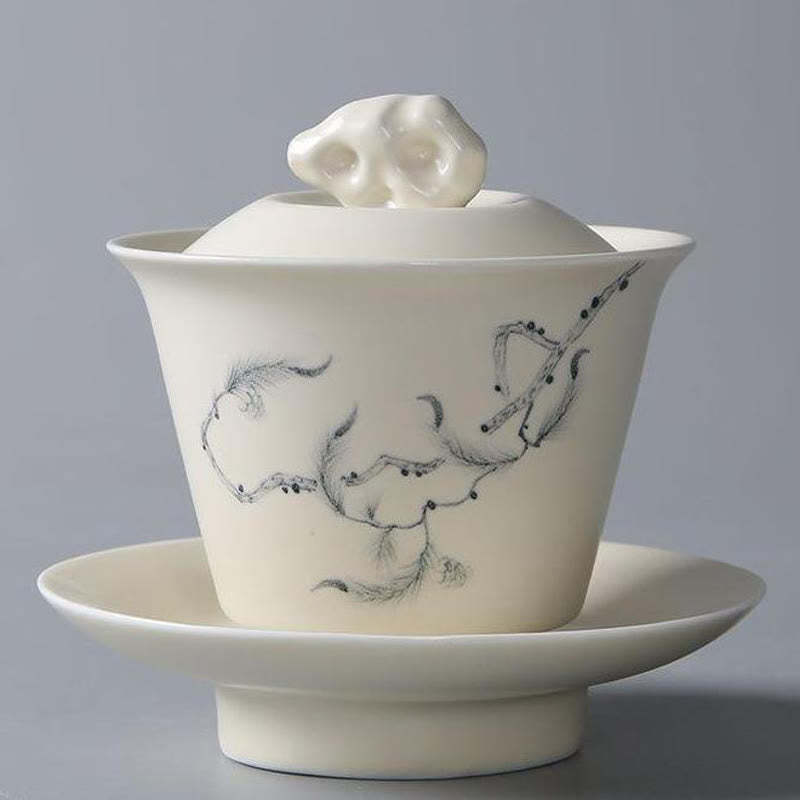 Hand Painted Pomegranate Hibiscus Pine Lotus Ceramic Gaiwan Sancai Teacup Kung Fu Tea Cup And Saucer With Lid