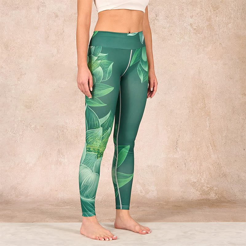 Dark Green Lotus Flower Leaf Print Gym Fitness Leggings Women's Yoga Pants