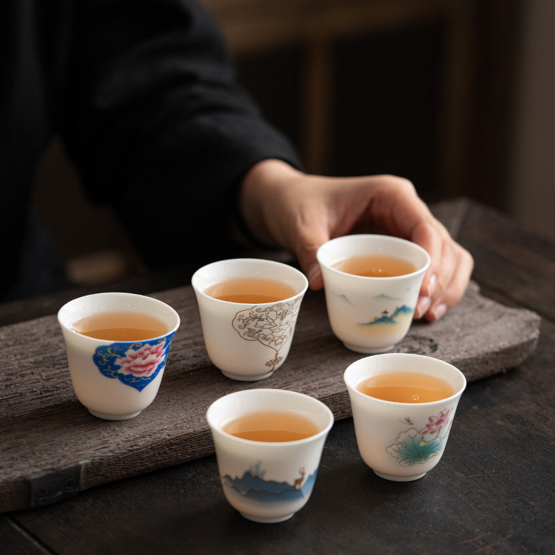 Lotus Flower Leaf Mountain Pavilion Elk Peony Ceramic Teacup Kung Fu Tea Cup