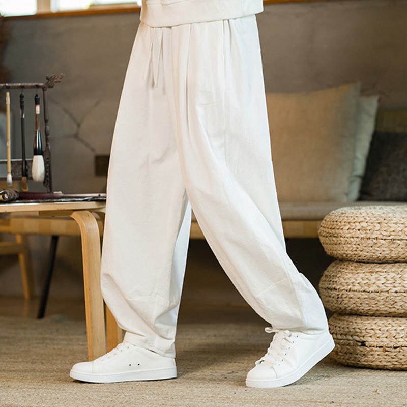 Solid Color Cotton Linen Drawstring Men's Harem Pants With Pockets
