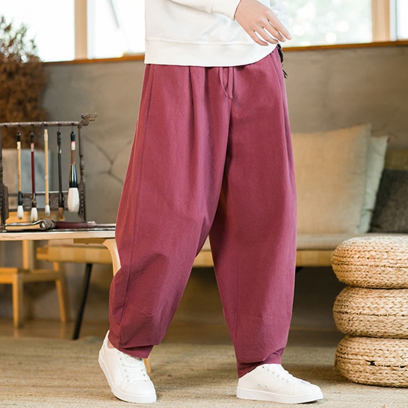Solid Color Cotton Linen Drawstring Men's Harem Pants With Pockets