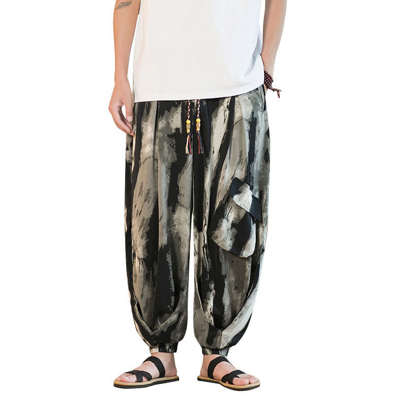 Ice Silk Drop Ink Tie-dye Gradient Stripes Casual Cotton Men's Pants With Pockets