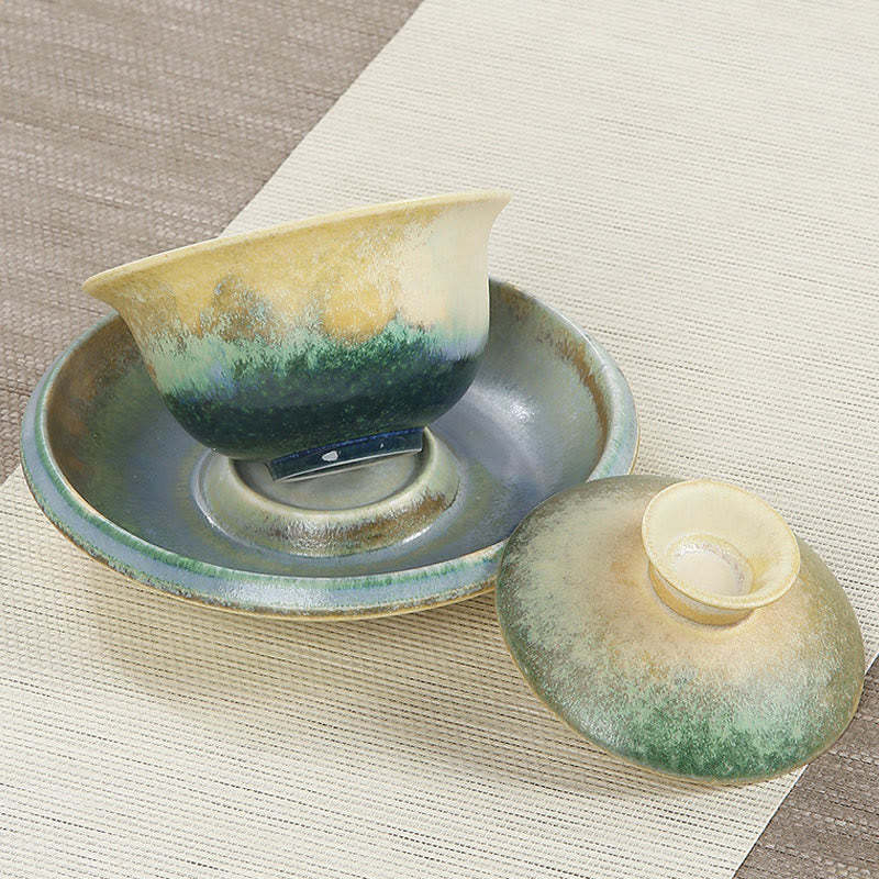 Green Ocean Waves Design Porcelain Ceramic Gaiwan Sancai Teacup Kung Fu Tea Cup And Saucer With Lid