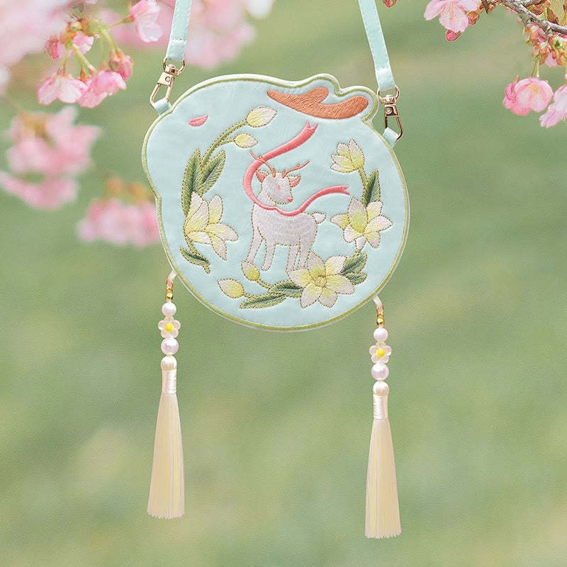Embroidery Lucky Panda Cat Shiba Inu Deer Rabbit Fox Flower Cute Animal Hanfu Bag Crossbody Bag Shoulder Bag