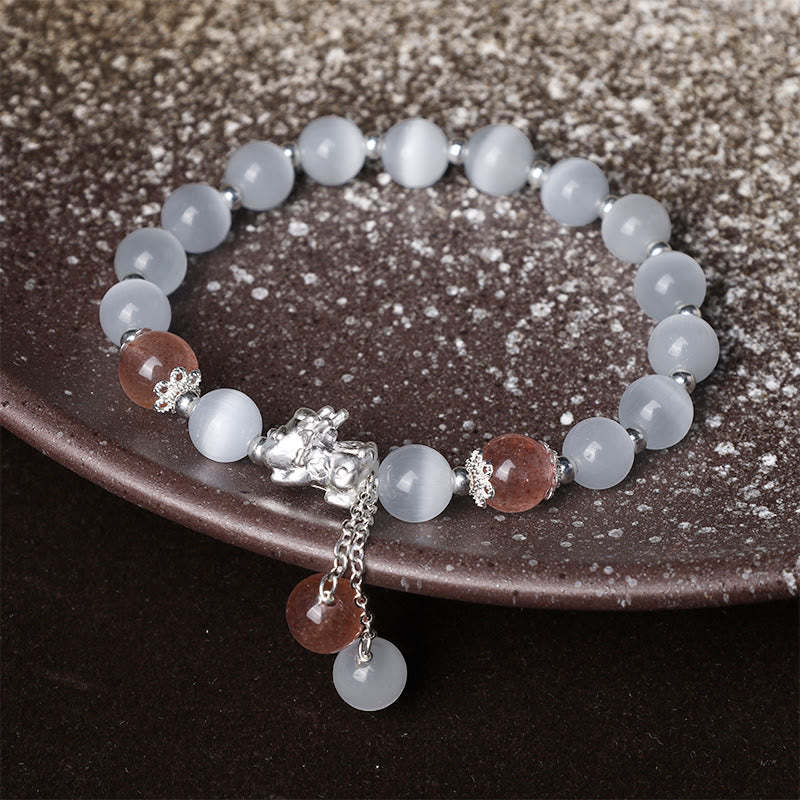 Natural Cat's Eye Moonstone Strawberry Quartz PiXiu Support Bracelet