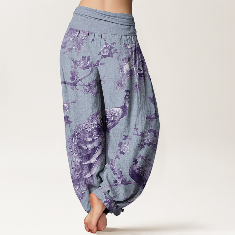 Casual Peacock Perched On Branch Petals Women's Elastic Waist Harem Pants