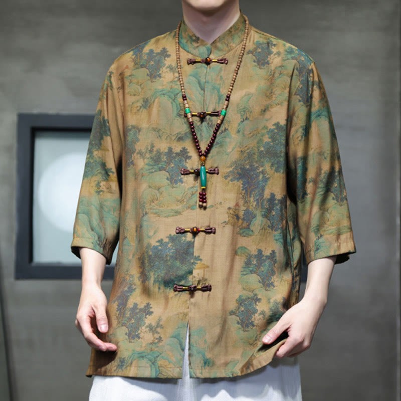Landscape Chinese Dragon Pattern Chinese Three Quarter Sleeve Shirt Men T-shirt