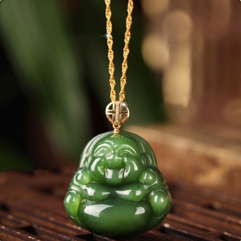 925 Sterling Silver Laughing mystic zen Hetian Cyan Jade 18K Gold Success Necklace Chain Pendant