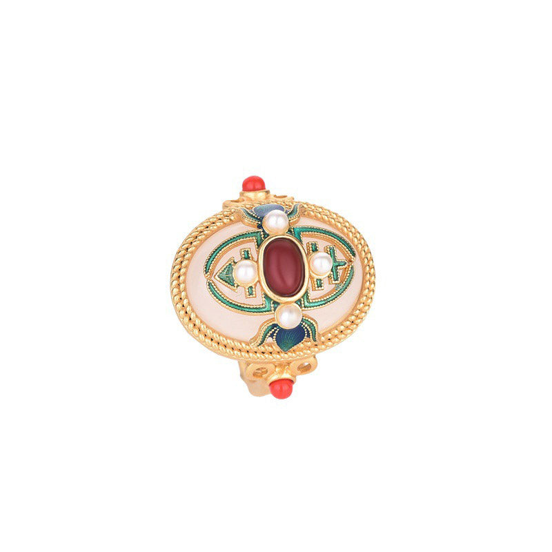 White Jade Red Agate Happiness Luck Ring