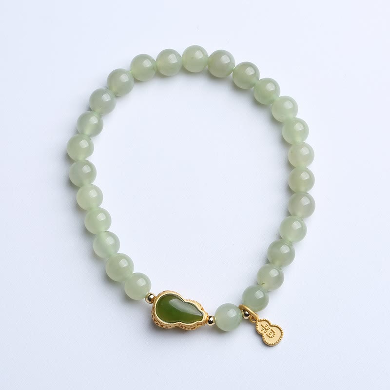 925 Sterling Silver Plated Gold Natural Hetian Jade Bead Gourd Lotus Bamboo Fu Character Luck Bracelet