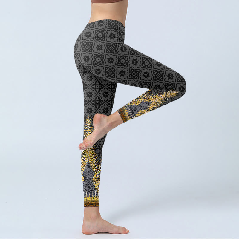Dark Gray Geometric Gold Feather Print Gym Leggings Women's Yoga Pants
