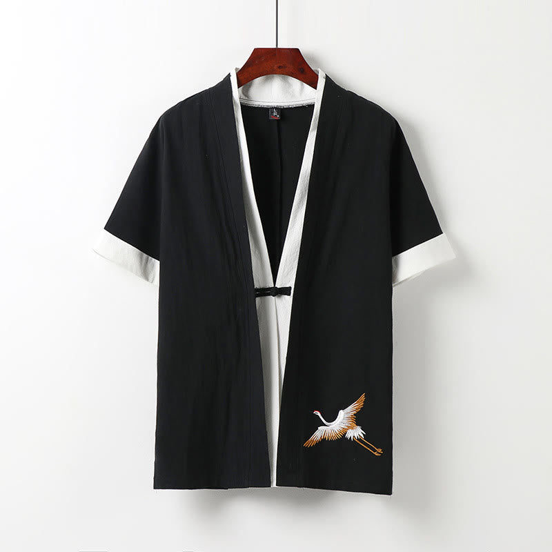Fake Two-piece Men's Half Sleeve Cardigan Embroidery Hanfu Comfort Cotton Shirt