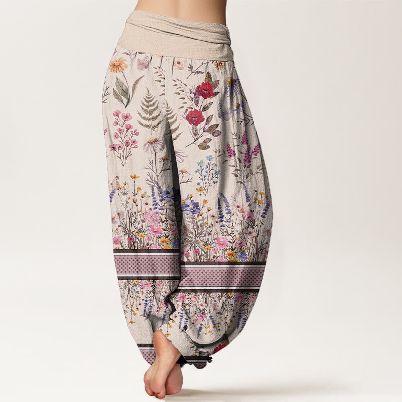 Multicolored Flowers Butterflies Design Women's Elastic Waist Harem Pants