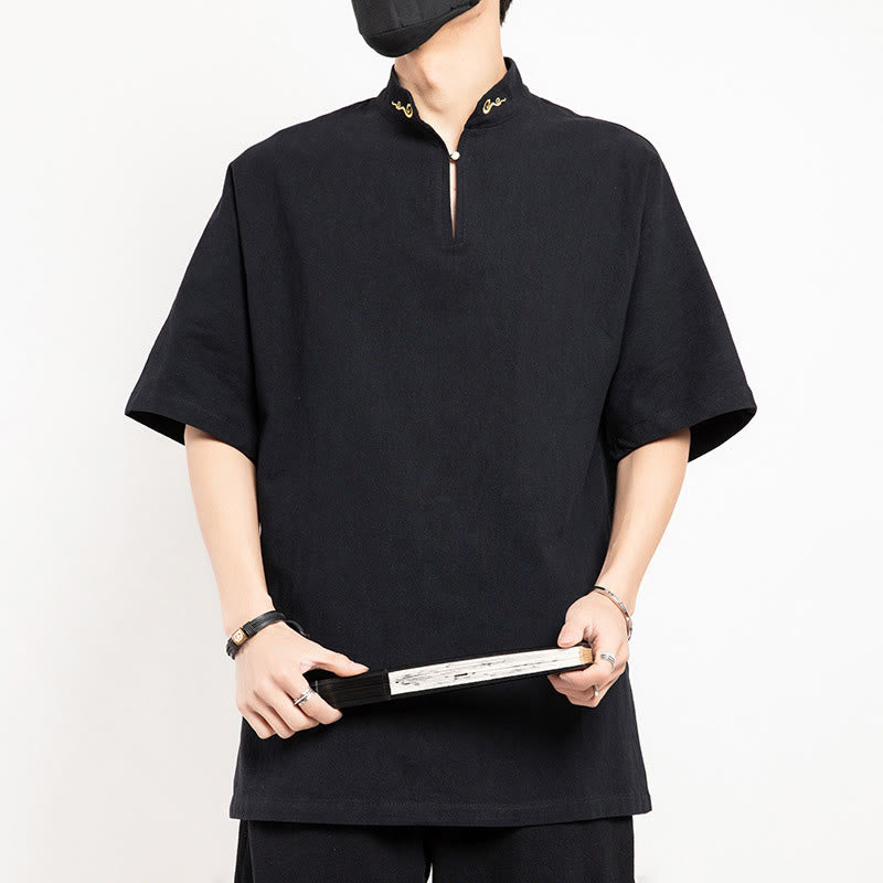 Chinese Tang Suit Embroidery Half Sleeve Shirt Linen Men Clothing