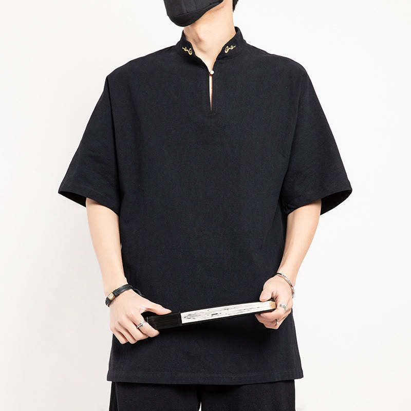 Chinese Tang Suit Embroidery Half Sleeve Shirt Linen Men Clothing