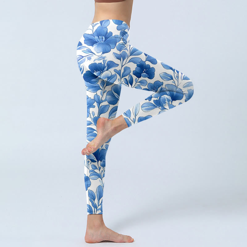 Blue Flowers Print Fitness Leggings Women's Yoga Pants