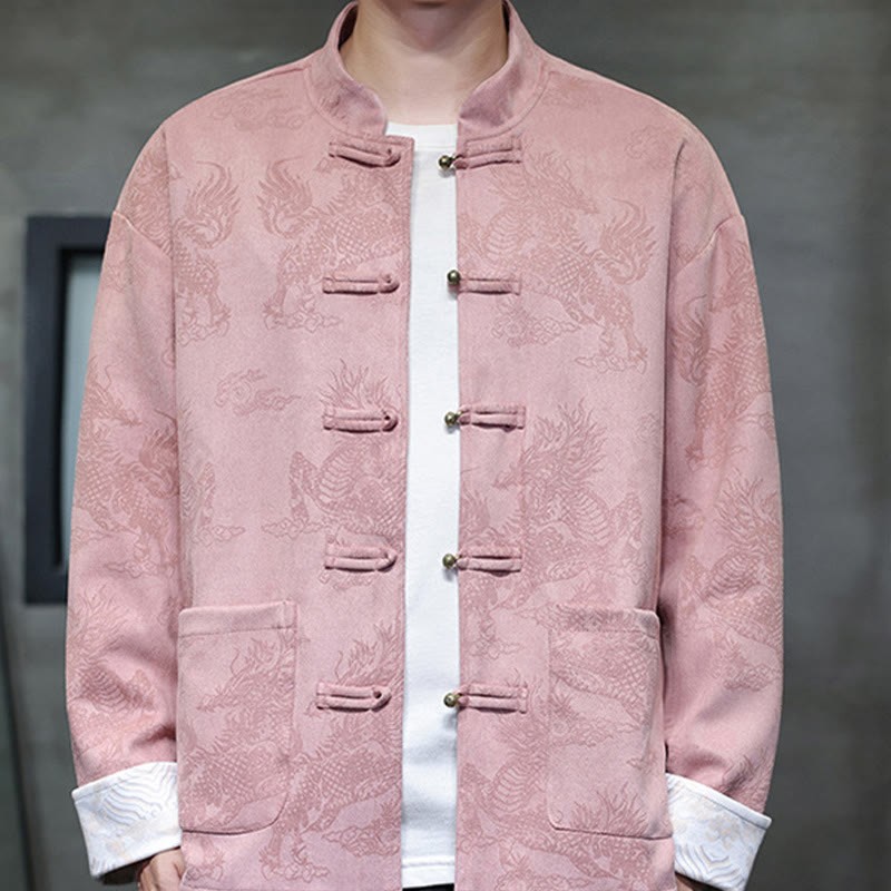 Chinese New Year Kirin Print Frog-button Tang Suit Men's Jacket Shirt With Pockets