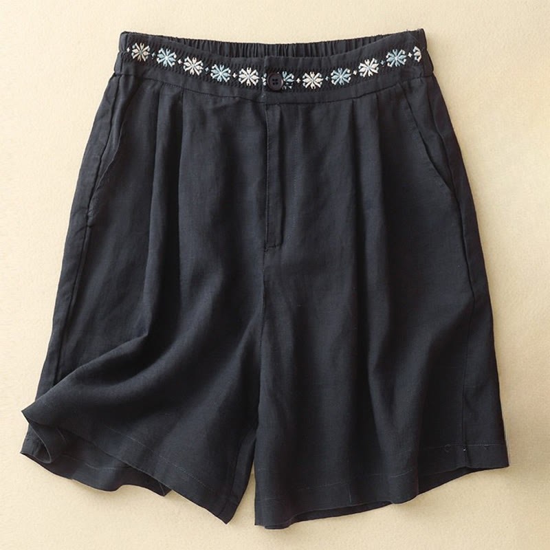 Summer Casual Embroidery Flower Pleated Zipper Button Cotton Linen Women's Shorts With Pockets