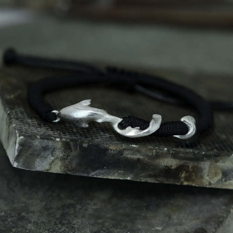 999 Sterling Silver Shark Black Wax Rope Protection Bracelet