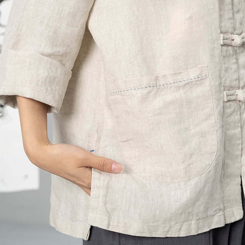 Solid Color Frog-button Long Sleeve Linen Women's Shirts With Pockets