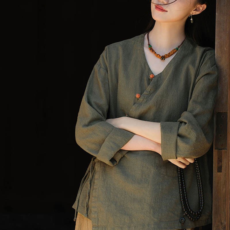 Solid Color Ramie Linen Loose Blouse Long Sleeve Shirt Chinese Hanfu Top