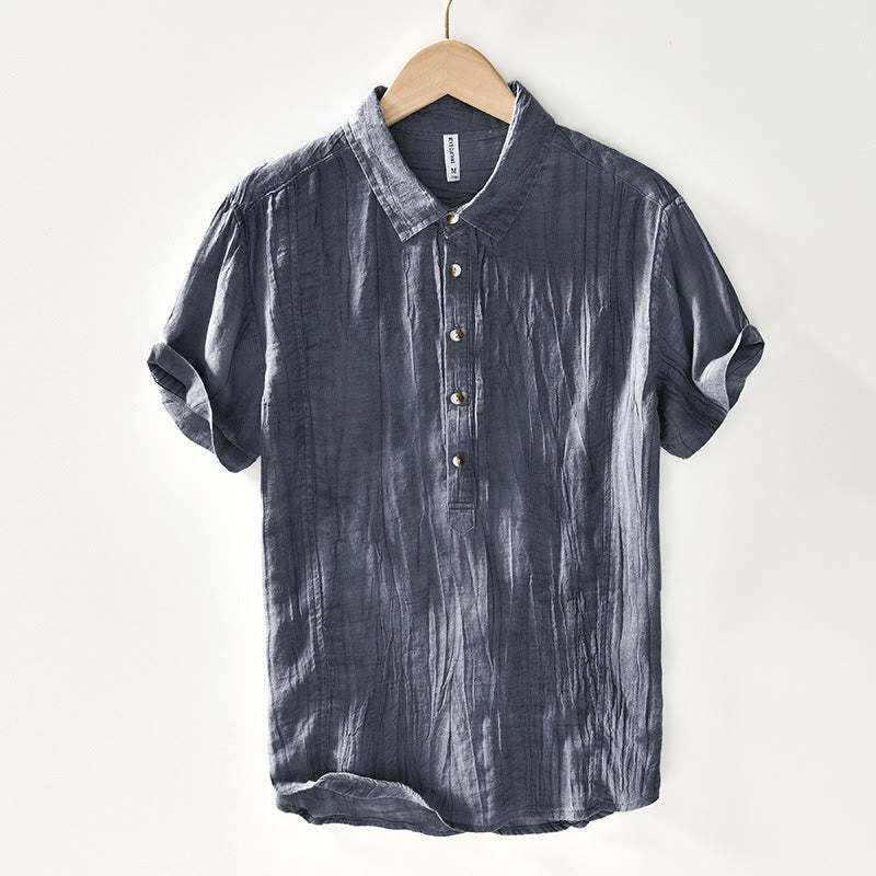 Causal Plain Lapel Ramie Linen Half Button Men's Shirt