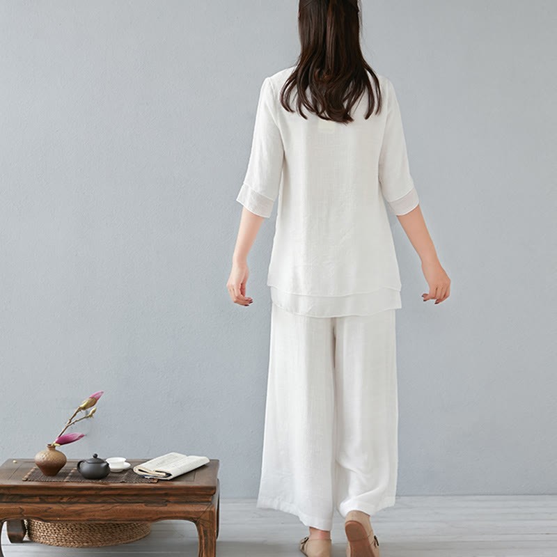 2Pcs Three Quarter Sleeve Long Sleeve Shirt Wide Leg Pants Meditation Cotton Linen Clothing Women's Set