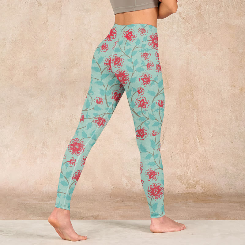Vine Leaves Blossom Print Gym Leggings Women's Yoga Pants