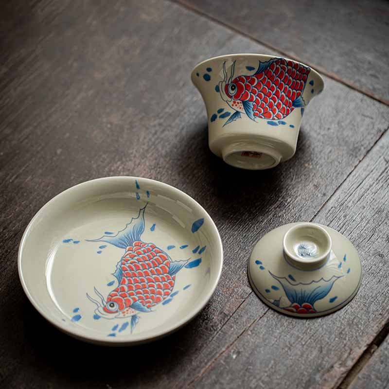 Koi Fish Arowana Ceramic Gaiwan Sancai Teacup Kung Fu Tea Cup With Lid 130ml