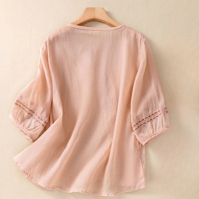 Artistic Plain Floral Embroidered Design Crew Neck Puff Half Sleeve Cotton Linen Women's T-Shirt