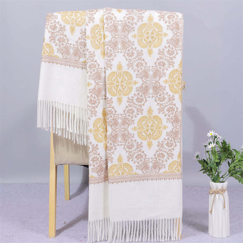 Polyester Shawl Symmetry Gold Filigree Embroidery Tassel Winter Cozy Travel Scarf Wrap