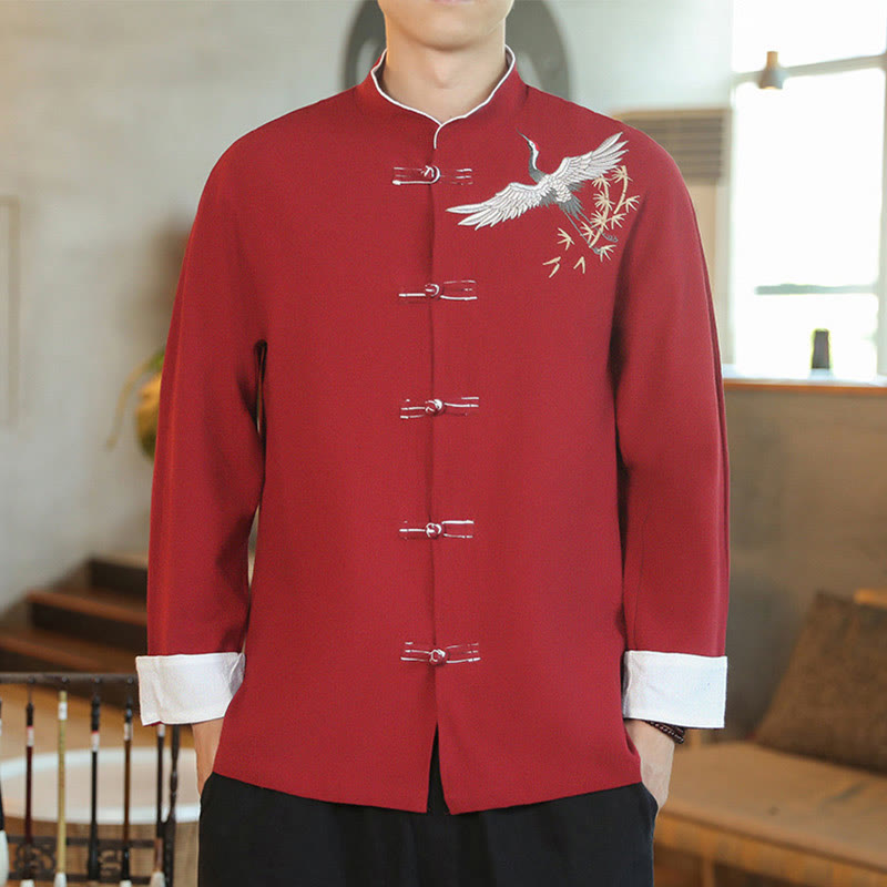 Chinese New Year Flying Crane Embroidery Frog-button Tang Suit Cotton Men's Jacket Shirt