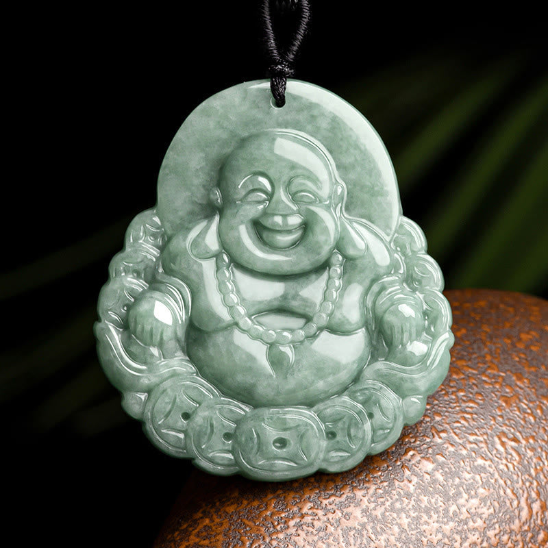 Laughing mystic zen Natural Jade Copper Coin Abundance Necklace Pendant