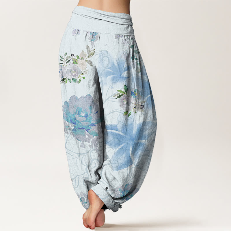 Various Flowers Leaves Pattern Women's Elastic Waist Harem Pants