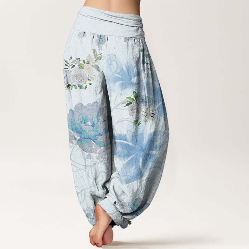 Various Flowers Leaves Pattern Women's Elastic Waist Harem Pants