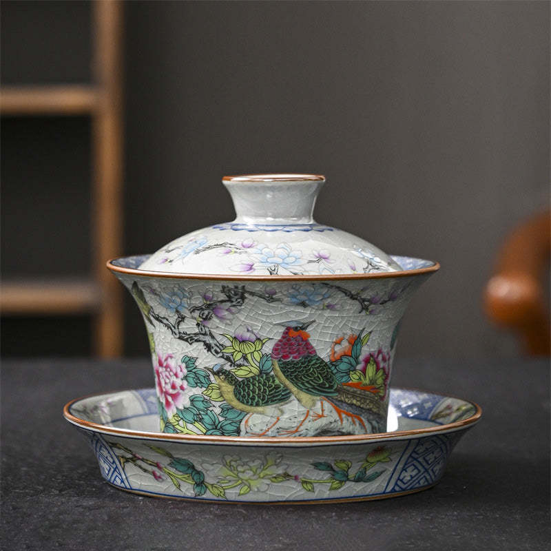 Jingdezhen Dragon Phoenix Pavilion Pine Flower Ceramic Gaiwan Sancai Teacup Kung Fu Tea Cup And Saucer With Lid 170ml