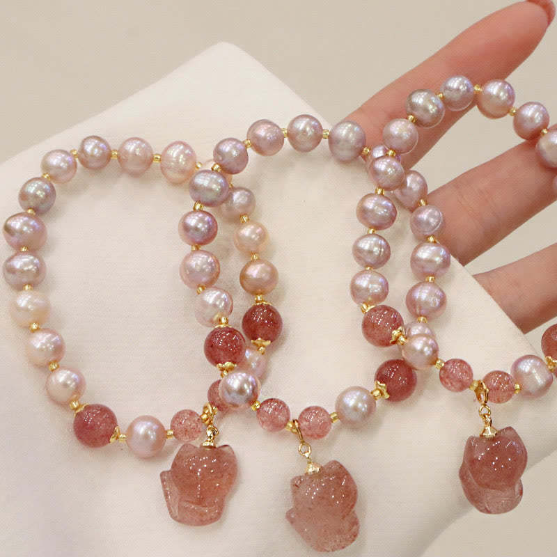 Natural Pearl Strawberry Quartz Cute Fox Love Healing Charm Bracelet
