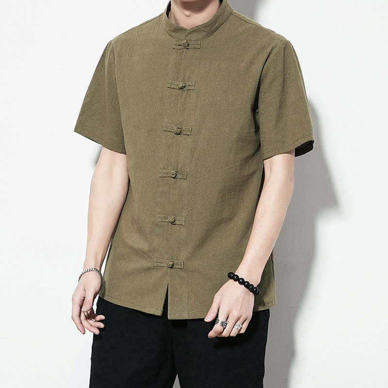 Casual Solid Color Front Frog Buttons Chinese Tang Suit Short Sleeve Linen Men's Shirt