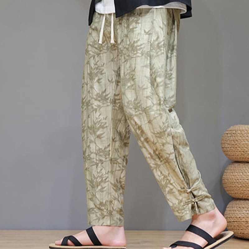 Bamboo Ankle Frog-button Drawstring Men's Pants With Pockets