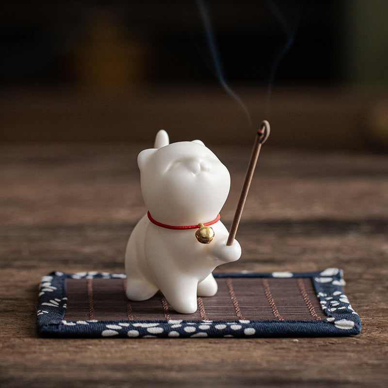 Mini Lucky Cat Kitten Tea Pet Ceramic Home Desk Figurine Decoration With Bamboo Mat