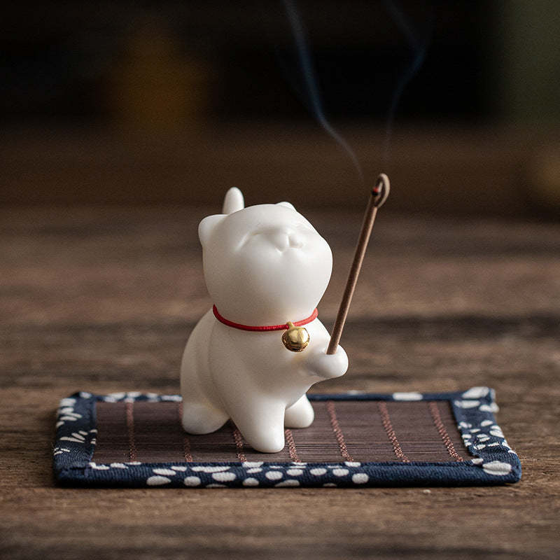 Mini Lucky Cat Kitten Tea Pet Ceramic Home Desk Figurine Decoration With Bamboo Mat