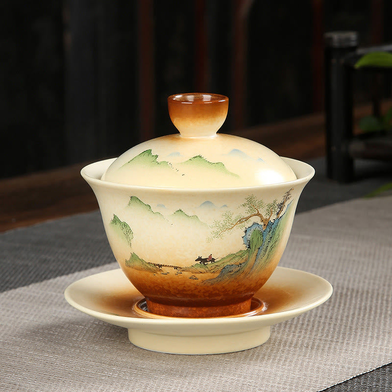 Mountain Landscape Countryside Ceramic Gaiwan Sancai Teacup Kung Fu Tea Cup And Saucer With Lid