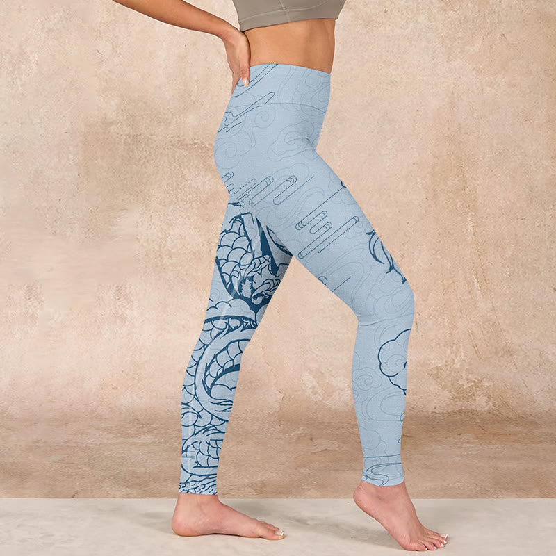 Blue Soaring Dragon Swirling Clouds Print Gym Leggings Women's Yoga Pants