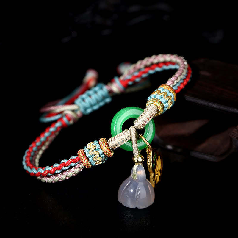 Colorful Rope Chalcedony Lotus Jade Peace Buckle Harmony Gourd Charm Bracelet