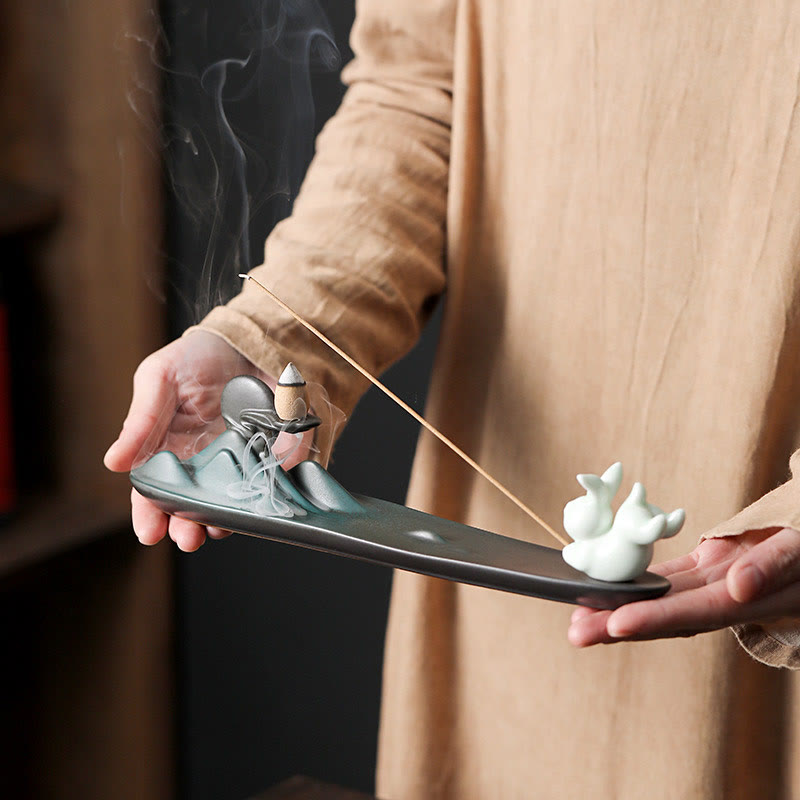 Moon Rabbit PiXiu Mountain Healing Ceramic Stick Incense Burner Decoration